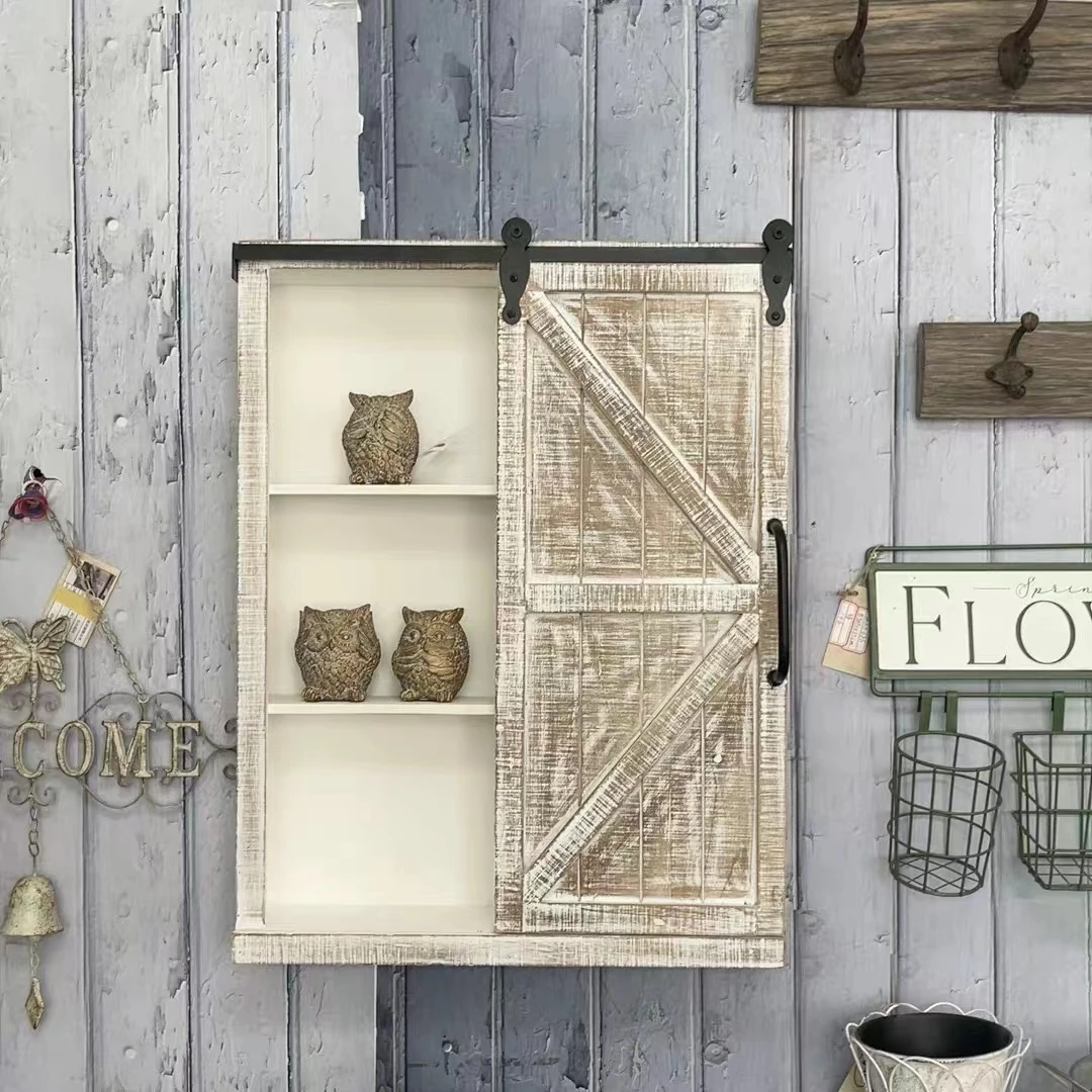 外贸美式乡村风格复古做旧木质滑门镜子壁挂柜壁挂架收纳架墙饰