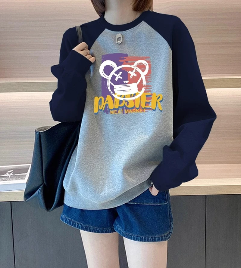 2023新款插肩拼色加绒卫衣女中长款韩版宽松休闲百搭上衣春秋季潮