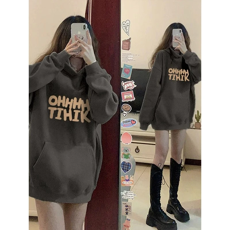 深灰色潮牌加绒加厚连帽卫衣女2023秋冬新款欧货大版宽松长款外套