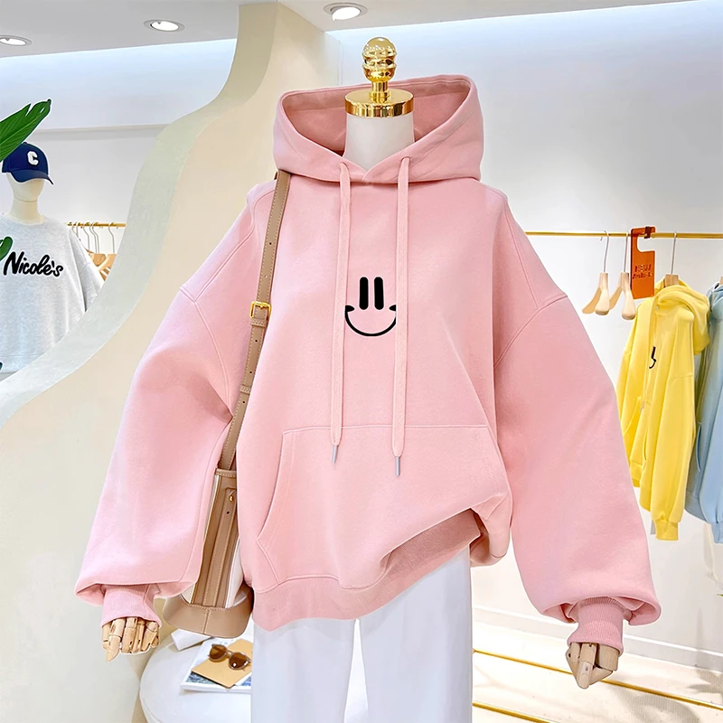 粉色笑脸连帽卫衣女潮ins2022新款秋冬加绒加厚兔子印花宽松上衣