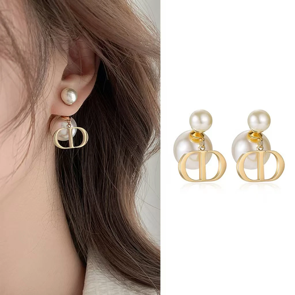 钛钢仿珍珠耳饰 时尚法式叠戴字母D耳环女款轻奢不掉色耳坠饰品