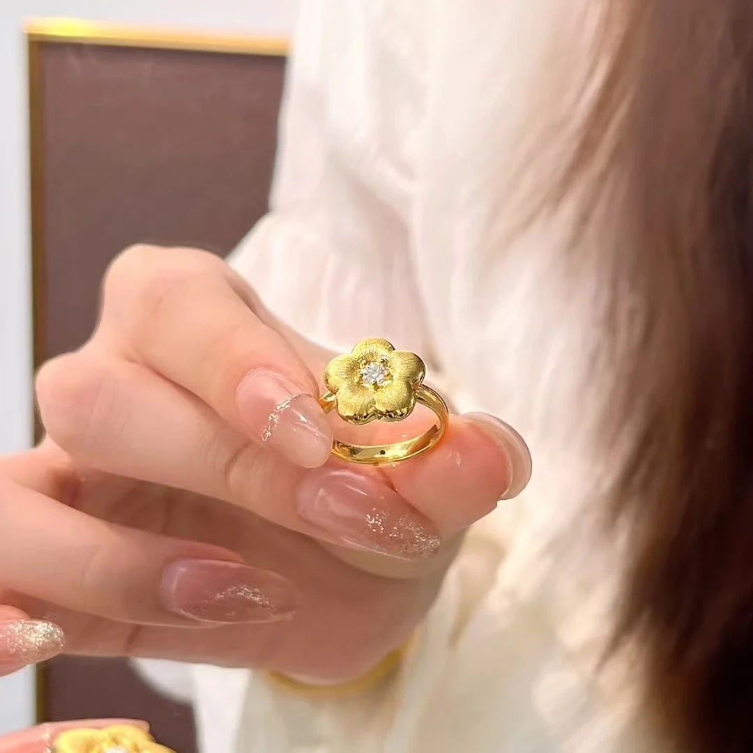 JIN BAI ZHENG 铜合金戒指 新款拉丝小金色花可调节戒指女不掉色