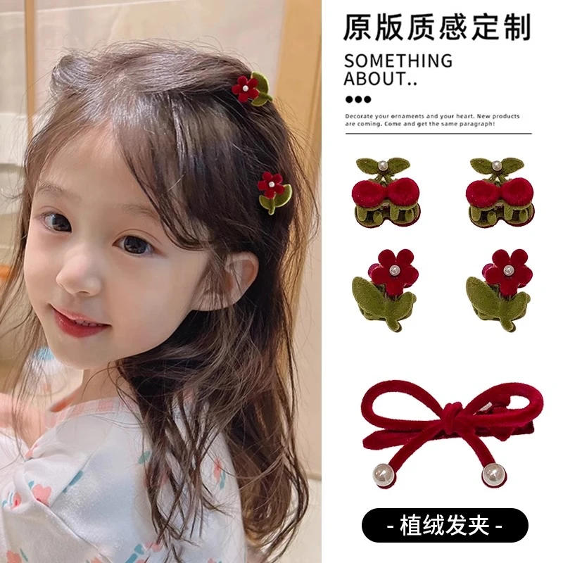 儿童红色蝴蝶结丝绒发夹女童秋冬刘海侧边夹气质迷你樱桃小号抓夹