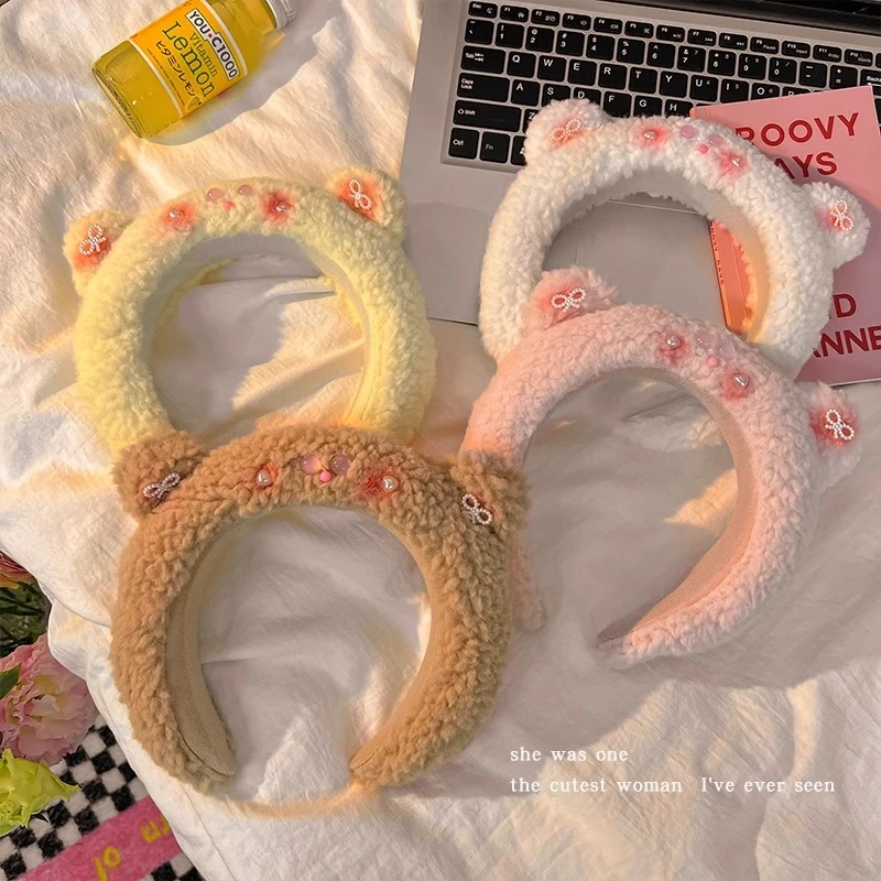腮红小熊羊羔毛发箍女秋冬高颅顶压发头箍少女心发窟可爱发捆头饰