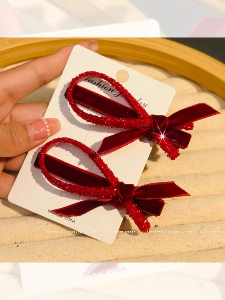 新年红色丝绒水钻蝴蝶结一字夹2023年新款发夹女侧边刘海鸭嘴夹子