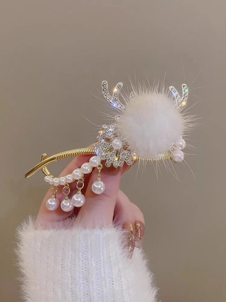 圣诞节毛球鹿角雪花扭扭夹女后脑勺盘发发夹抓夹鸭嘴夹一字夹发卡