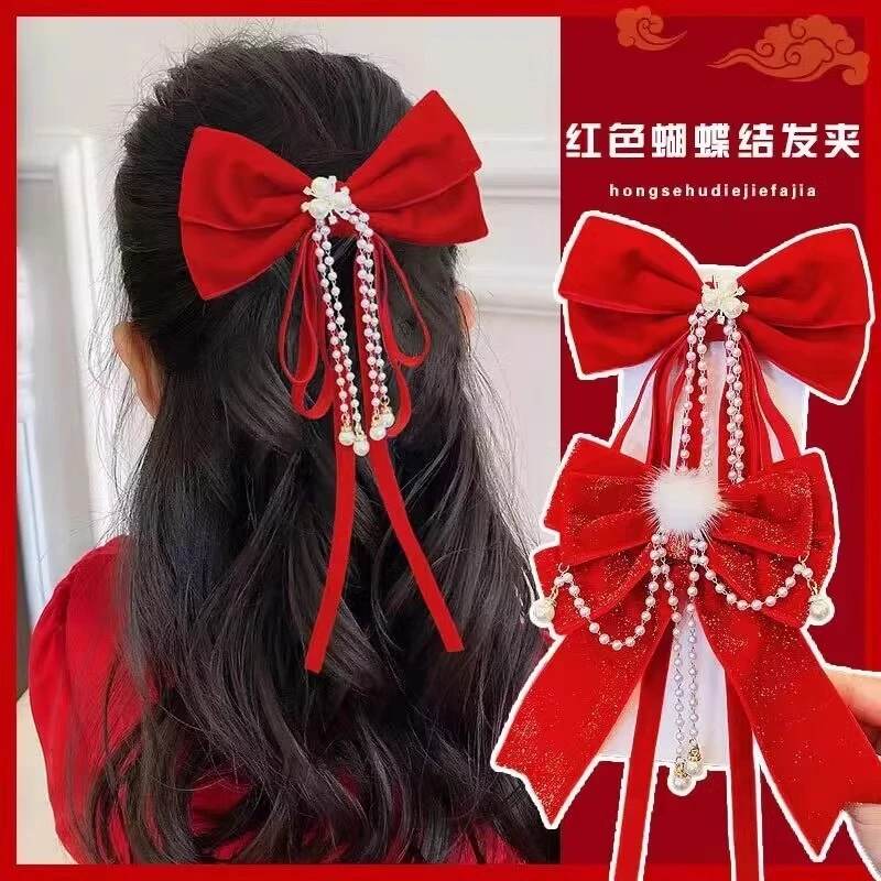 复古气质红色丝绒蝴蝶结头饰儿童发夹喜庆过年新年发饰女童公主