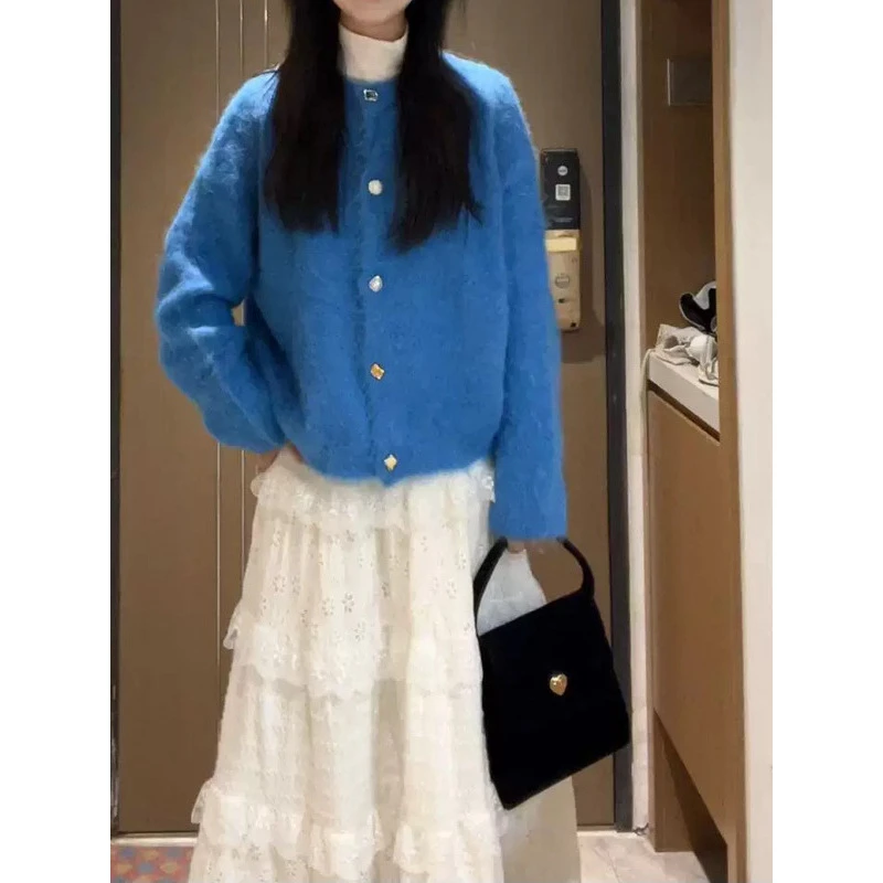 韩版软糯克莱因蓝色针织开衫长袖仿貂绒软呼呼ins毛衣外套女上衣