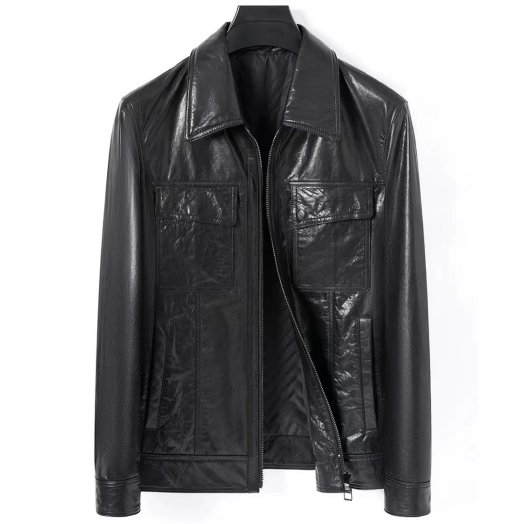 新款男士秋冬短款油蜡百搭外套休闲时尚加厚真皮夹克0206