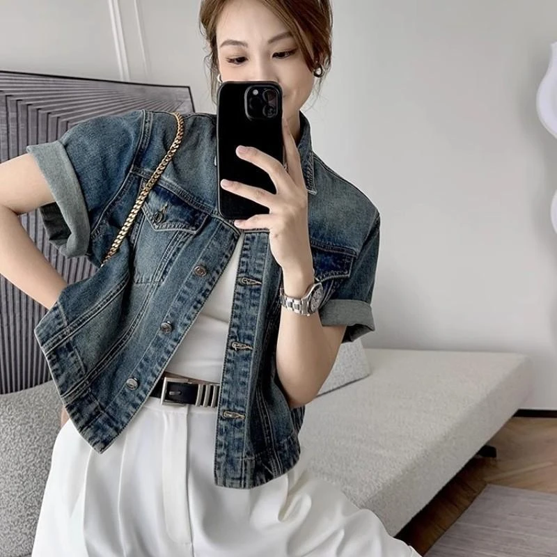 复古港风短袖牛仔衬衫外套女早春款宽松小开衫2025新款上衣