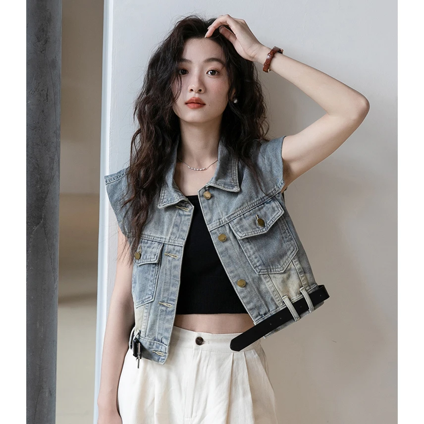 设计感牛仔马夹背心女新款夏季美式牛仔无袖马甲短款上衣外套1921