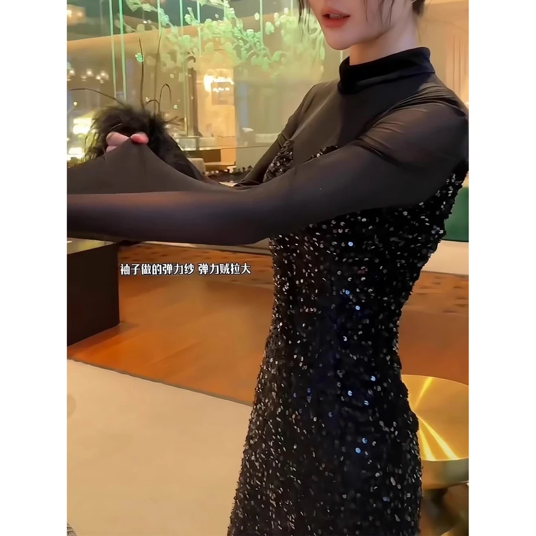 亮片丝绒连衣裙秋冬高级感网纱拼接收腰显瘦生日party小礼服短裙