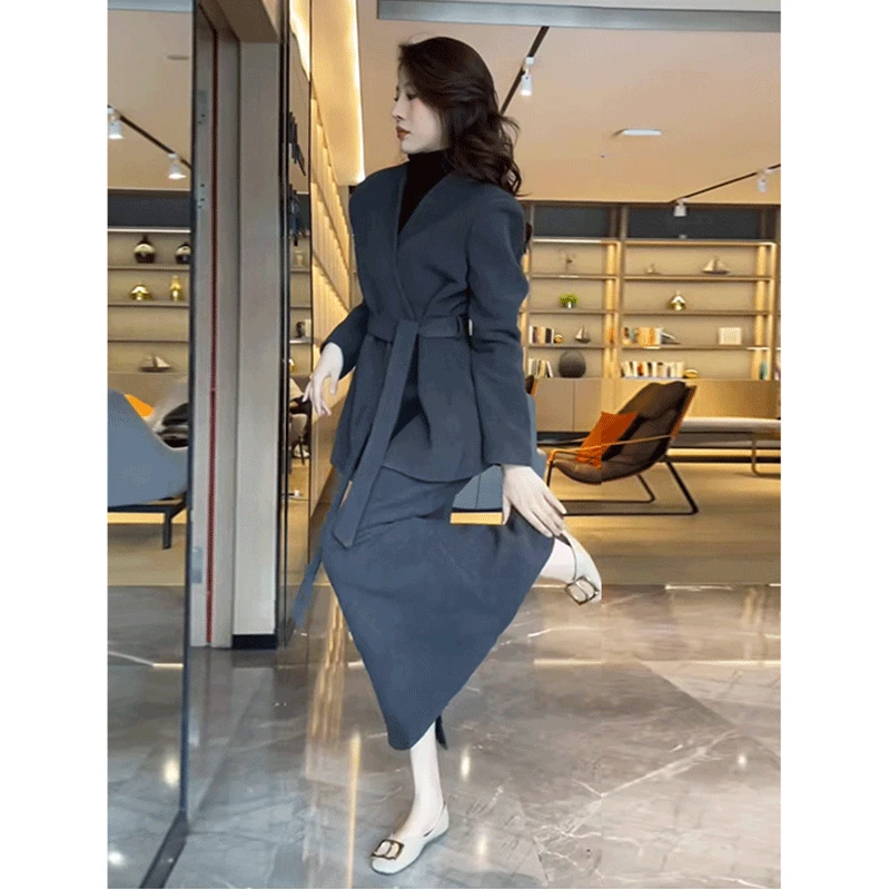 冷淡系女装高级套装2023新款女装秋冬宽松西装外套半身裙子两件套
