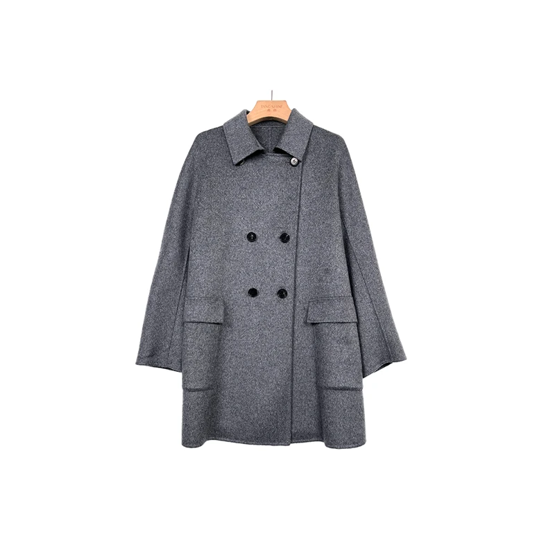 唐绢高奢纯山羊绒双面翻领竖双排扣羊绒气质大衣休闲百搭冬SD0964