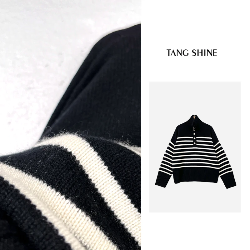 唐绢时尚山羊绒高领针织衫打底洋气宽松领扣翻领长袖C112316-YR