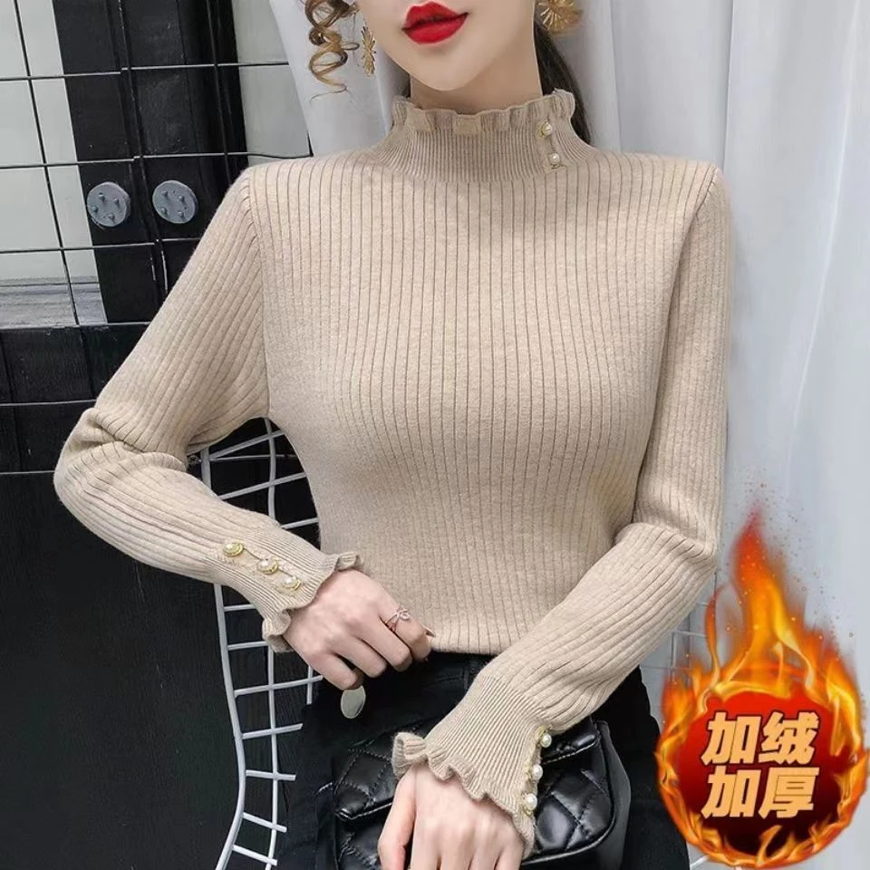 加绒加厚打底衫女新款针织一体绒春秋木耳边高领毛衣女秋冬季内搭