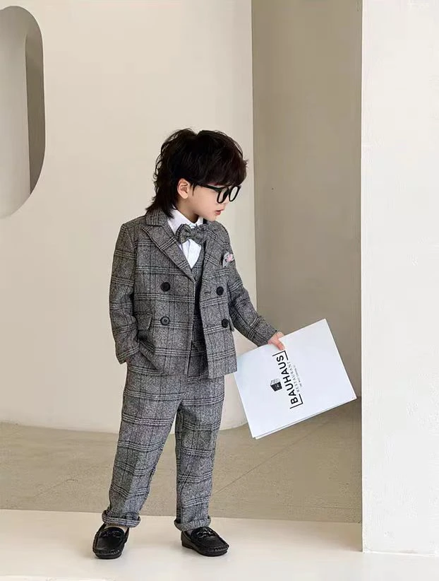 儿童西装秋加绒冬韩版帅气格子西服套装花童宝宝周岁生日主持演讲