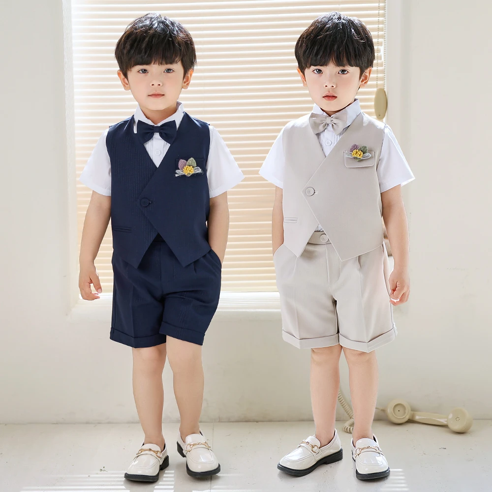 儿童西装礼服男童主持人夏款宝宝马甲套装男孩周岁生日花童表演服