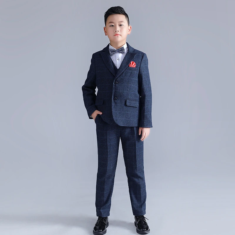 儿童礼服2022新款胖版格子西服套装男童花童婚礼中大童演出服加肥