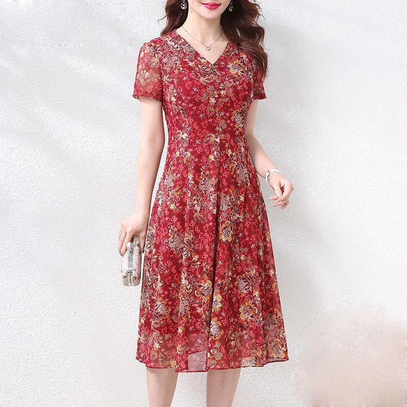 【弹力印花台湾纱】2024新款夏短袖时尚印花连衣裙妈妈过膝网纱长裙