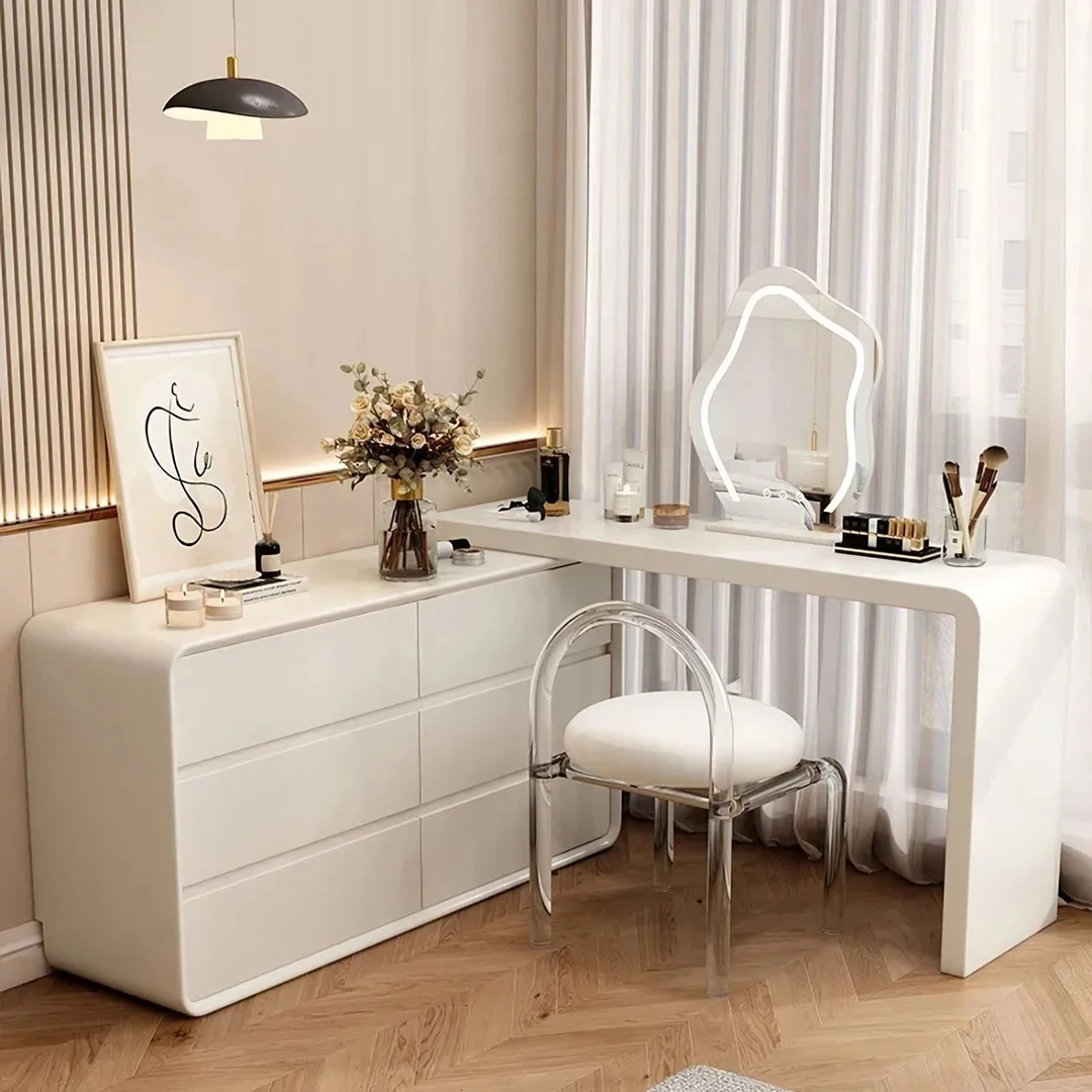 实木梳妆台斗柜一体可伸缩卧室现代简约奶油风烤漆收纳书桌化妆桌