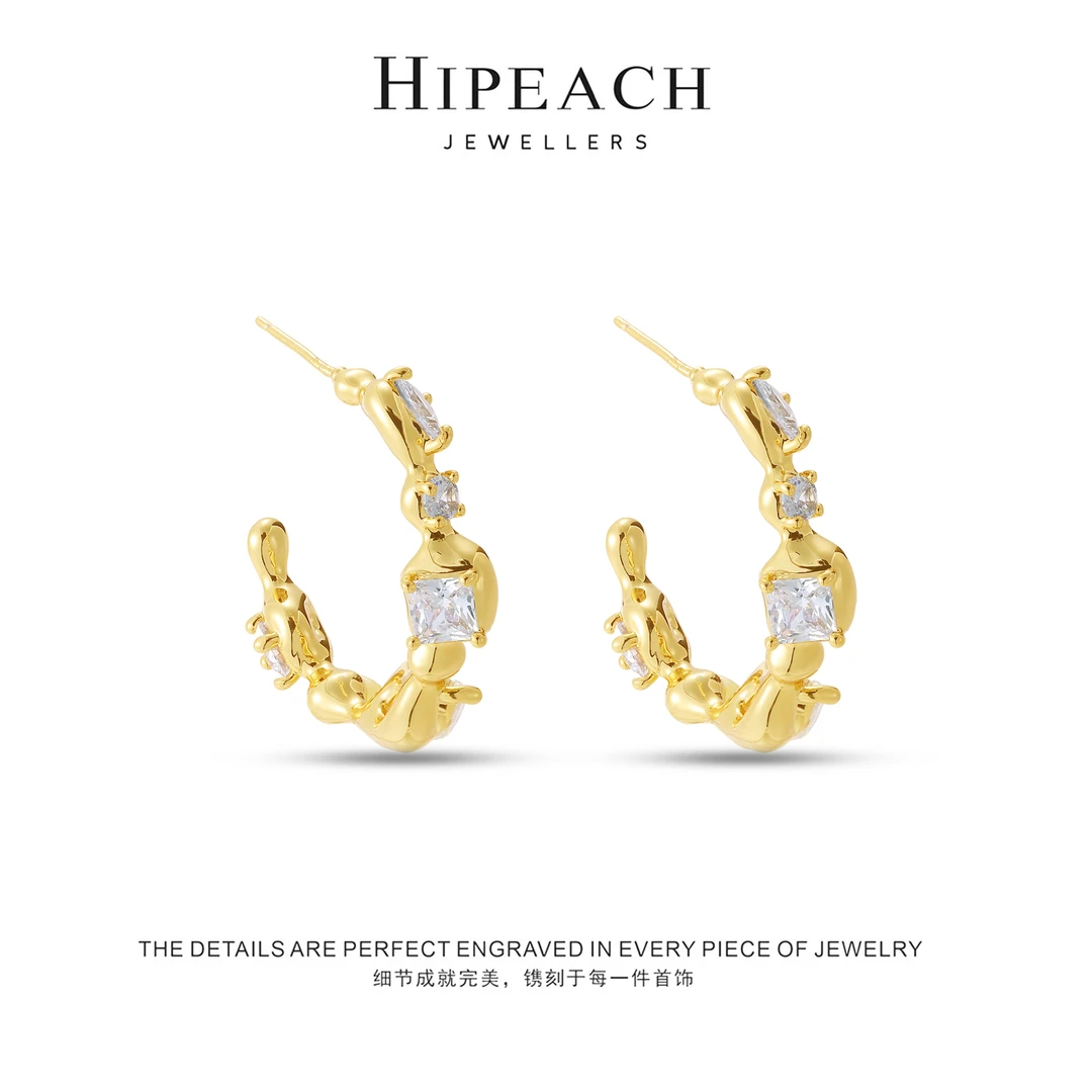 镀K金 流光波影不规则耳圈HTPJF036