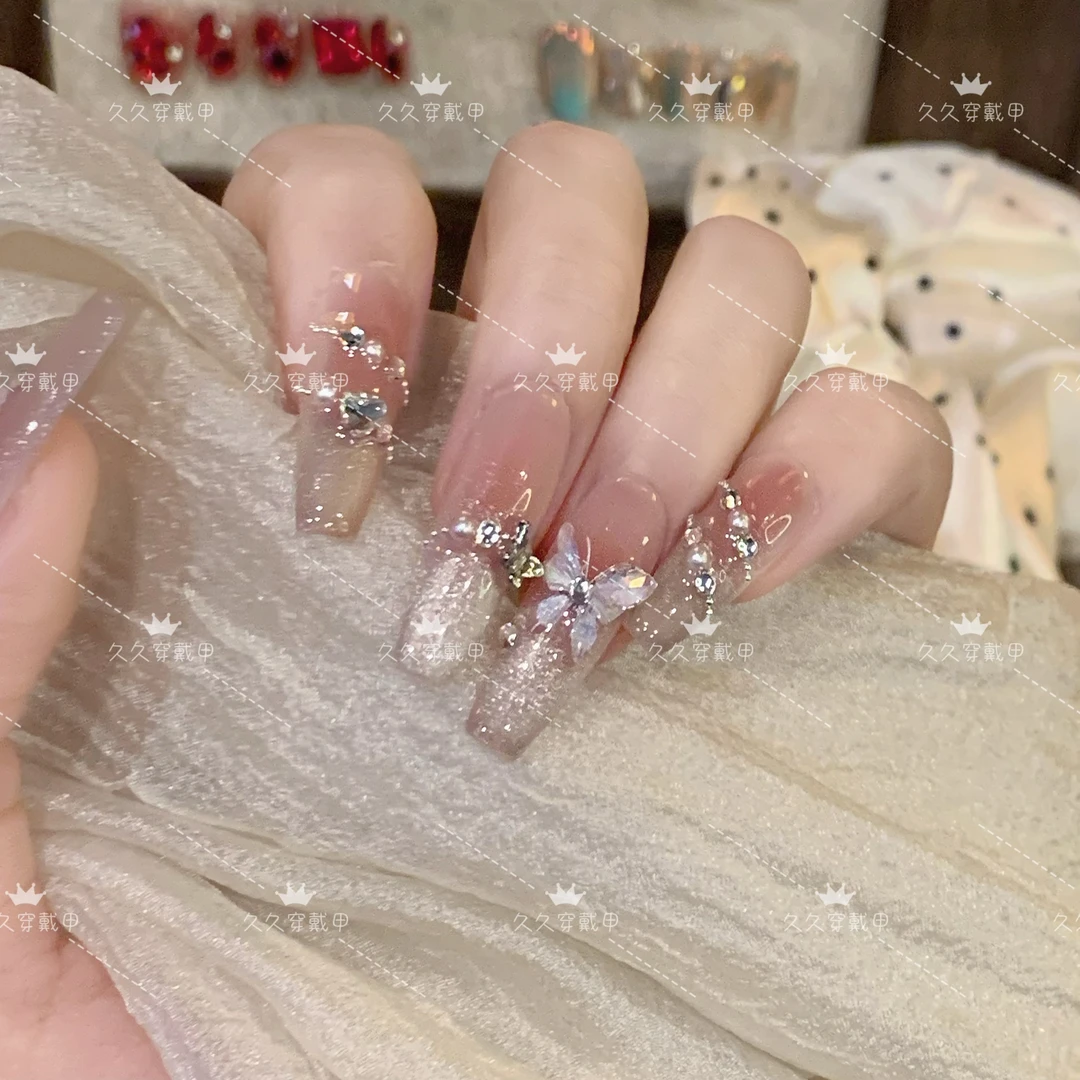 飞花令 手工穿戴甲水晶立体蝴蝶镶钻珍珠猫眼显白百搭可拆卸穿戴