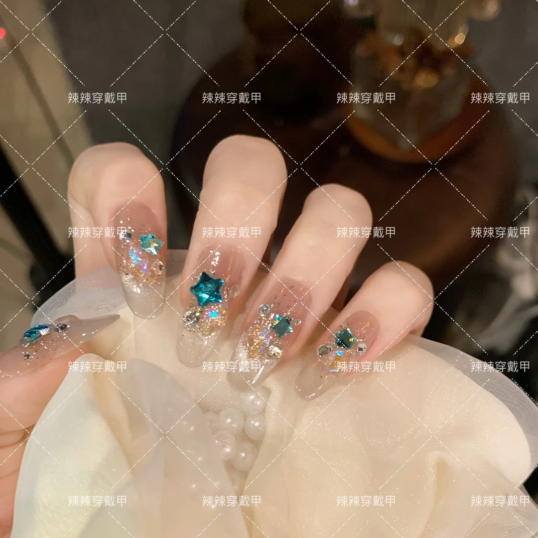 月亮花房 手工穿戴甲青提猫眼立体手绘五瓣花显白百搭可拆卸穿戴