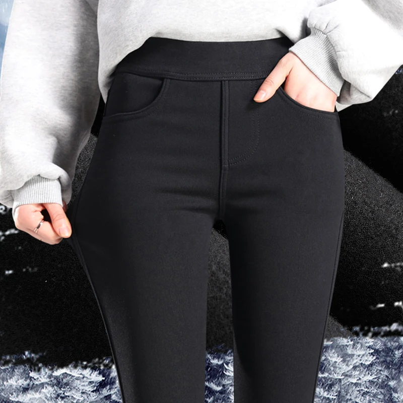 女士外穿打底裤秋冬加绒保暖高腰弹力紧身百搭裤子黑色铅笔小脚裤