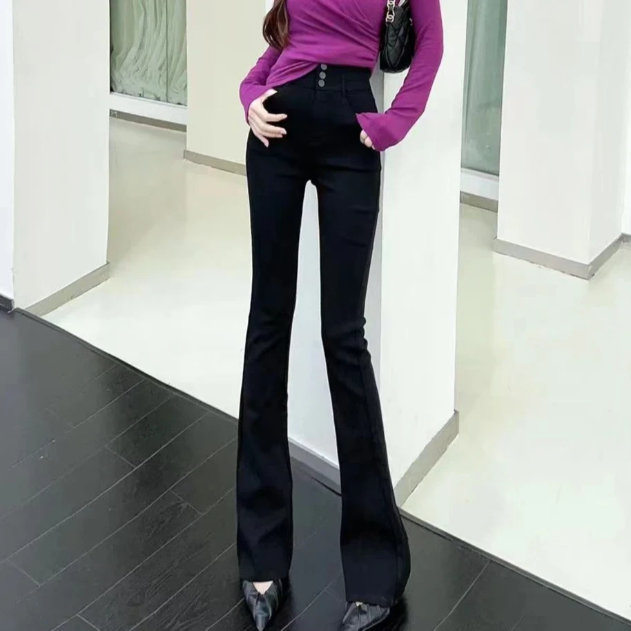 小个子高腰微喇叭裤女网红爆款2025新款正品春秋外穿紧身小黑裤子