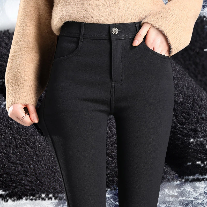 打底裤女外穿秋冬季加绒保暖高腰弹力紧身百搭裤子黑色铅笔小脚裤