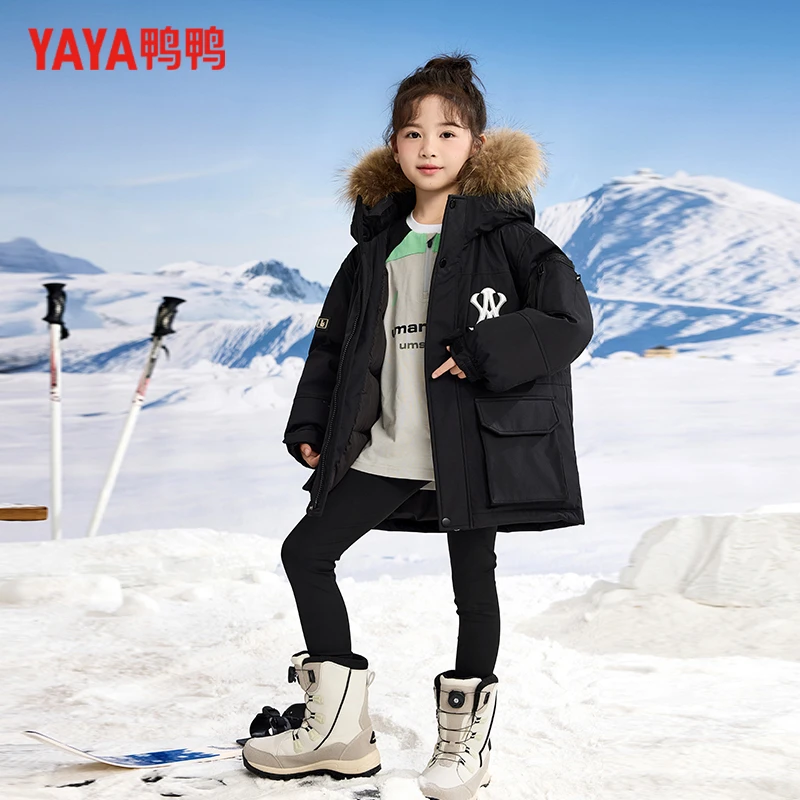 YAYA/鸭鸭男女同款不挑人遮胯遮臀连帽大毛领气质时尚派克羽绒服