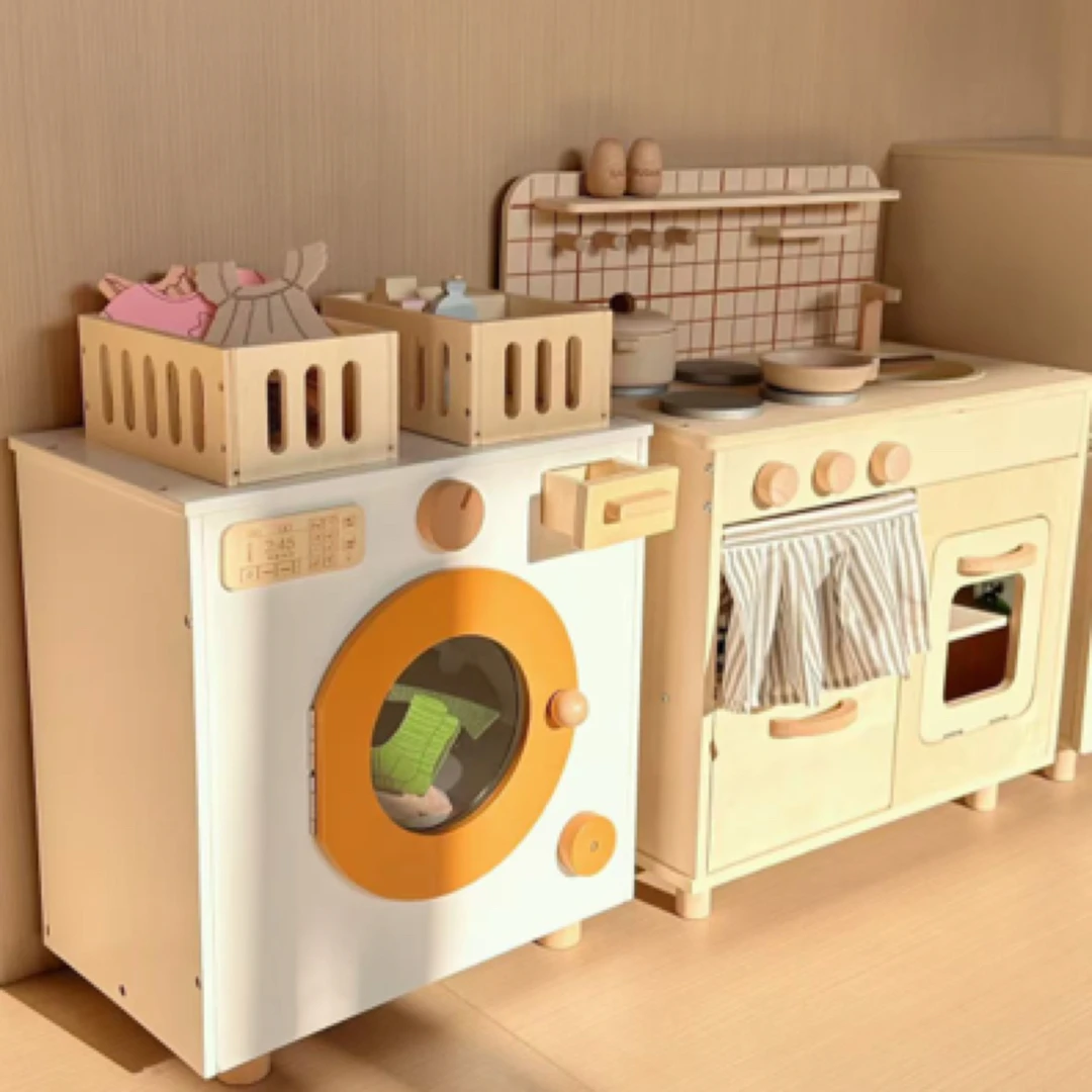 儿童过家家玩具木制仿真洗衣机出口奶油男孩女孩生日礼物新幼儿园