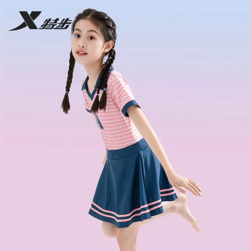 特步百褶条纹运动2025年新款夏季中大女童游泳衣可爱连体公主泳装
