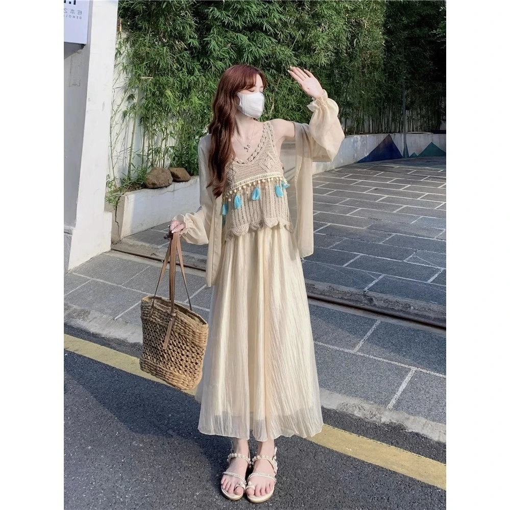 镂空流苏吊带背心女装秋季防晒衫套装2024年新款长袖半身裙三件ZW