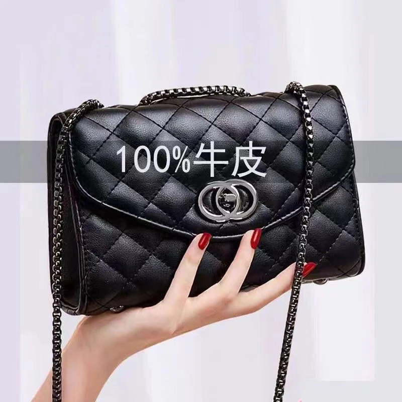 牛皮真皮包包女潮流新款潮时尚百搭斜挎包女菱格小方包简约单肩包