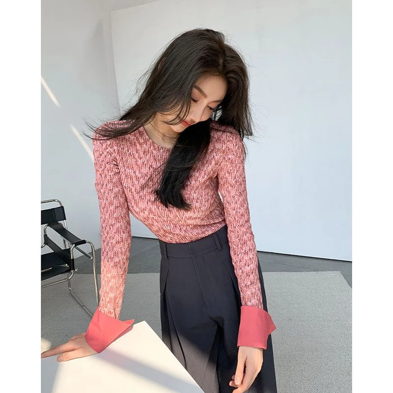 画朴小香风修身长袖拼接外穿针织衫女装2024秋冬新款打底T恤衫潮