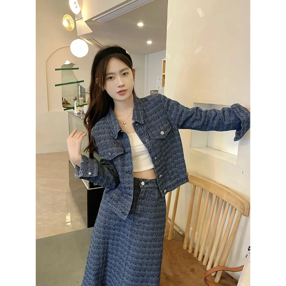 大码女装胖MM高腰休闲刺绣牛仔半身裙+藏肉显瘦短款外套两件套女