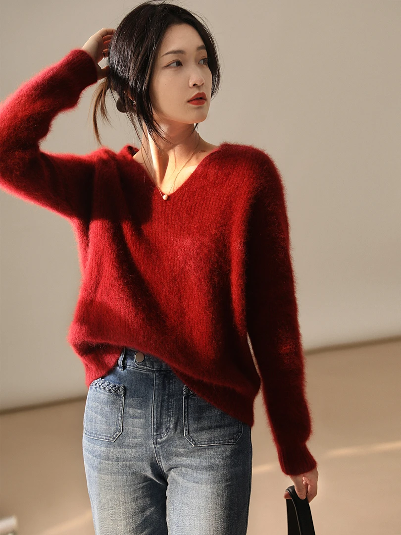 2023秋冬新款V领毛茸茸毛衣衫套头上衣纯色百搭针织羊绒打底衫女