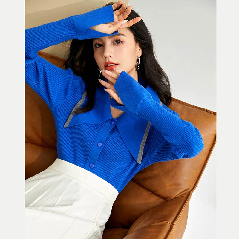 克莱因蓝大翻领针织开衫女秋冬季拼色短款毛衣高级感气质减龄上衣