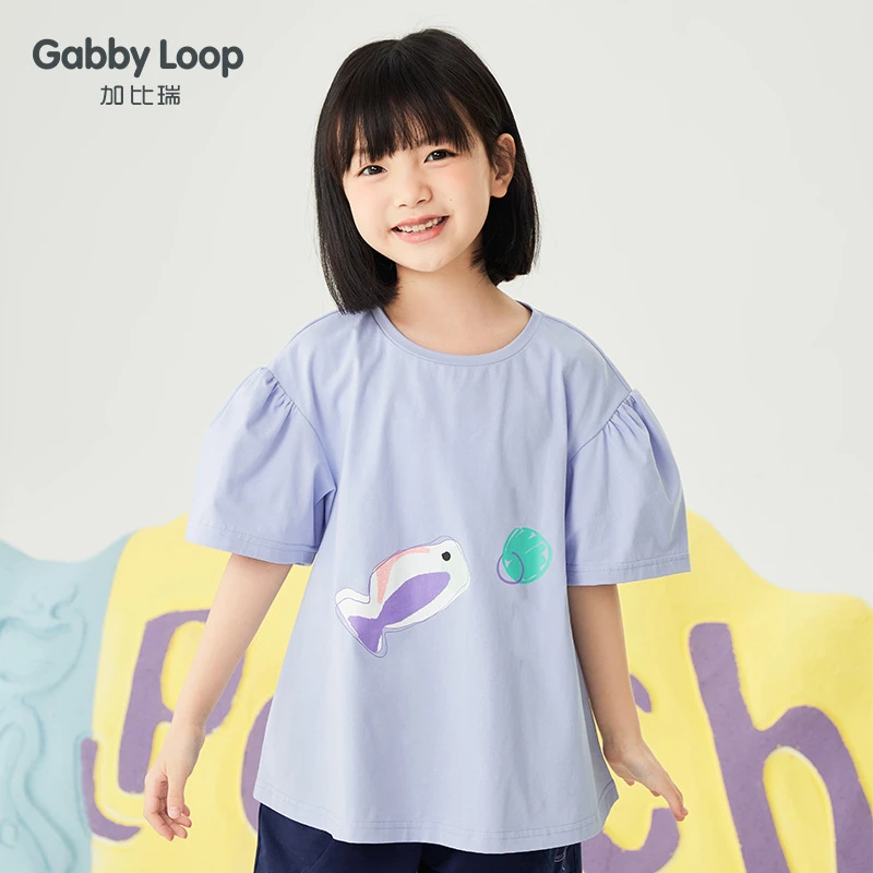 加比瑞童装女童夏季儿童圆领棉弹力印花短袖百搭宽松上衣GTD32032