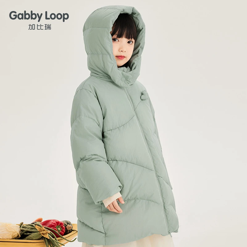 加比瑞童装 女童冬季 90白鸭绒羽绒服保暖连帽中长款外套GWY34044