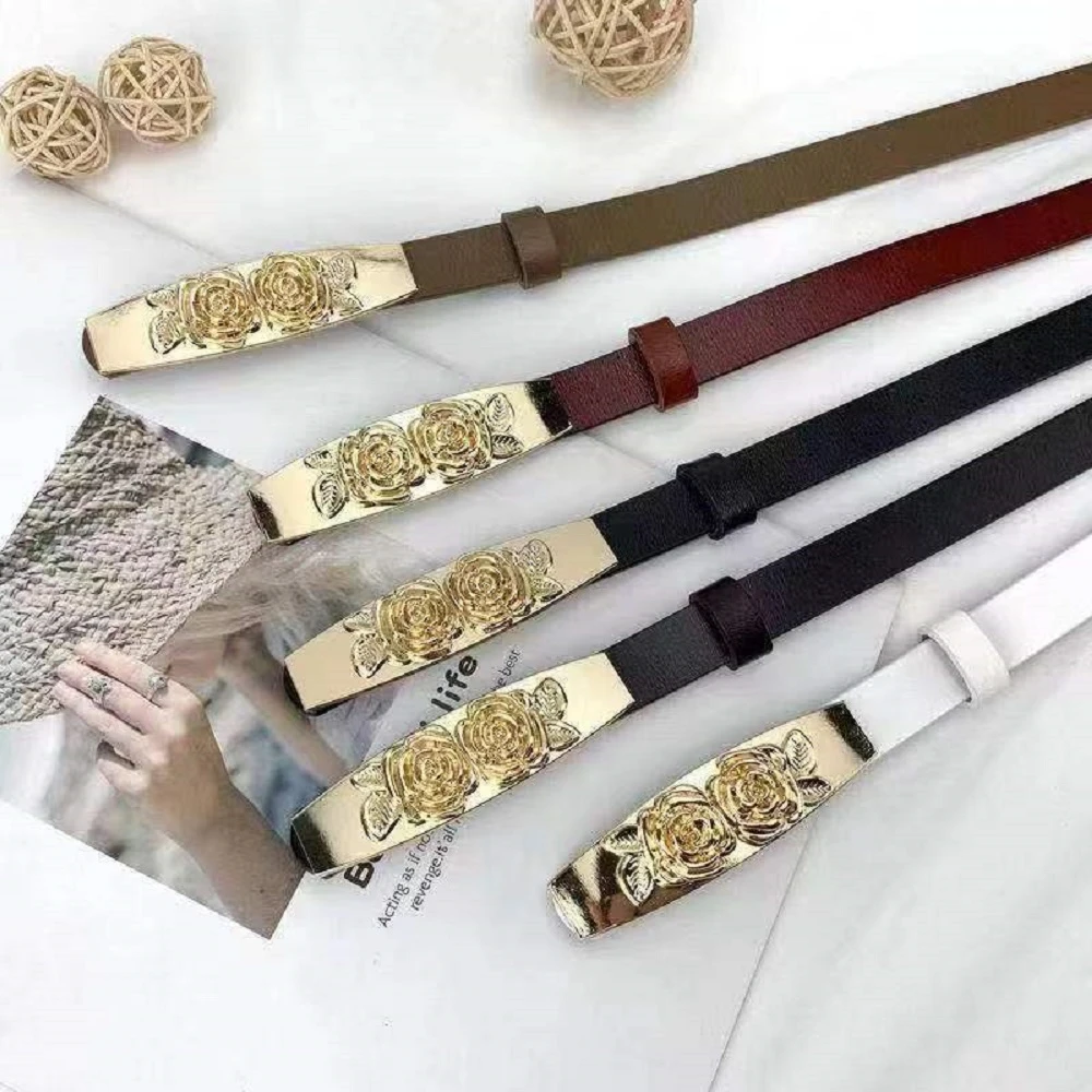 玫瑰花真皮腰带女士装饰连衣裙毛衣细皮带简约百搭1.3cm