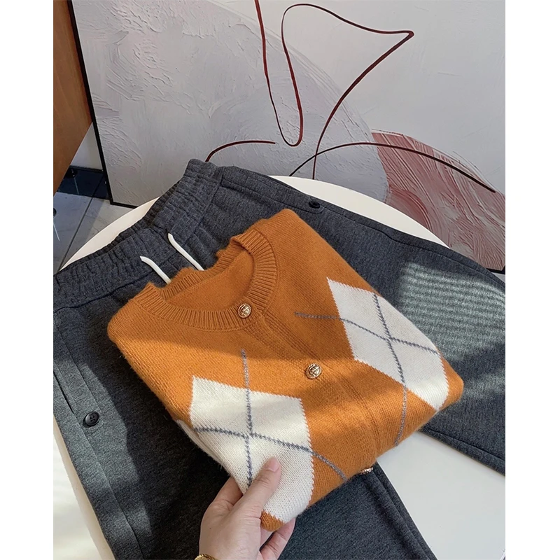 【浣熊南瓜橘菱格】新款百搭撞色设计感针织开衫上衣女