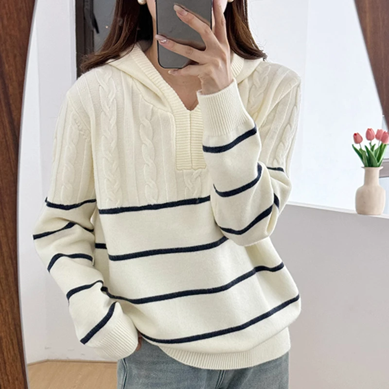 【条纹麻花帽衫】百搭撞色新款减龄针织套头毛衣