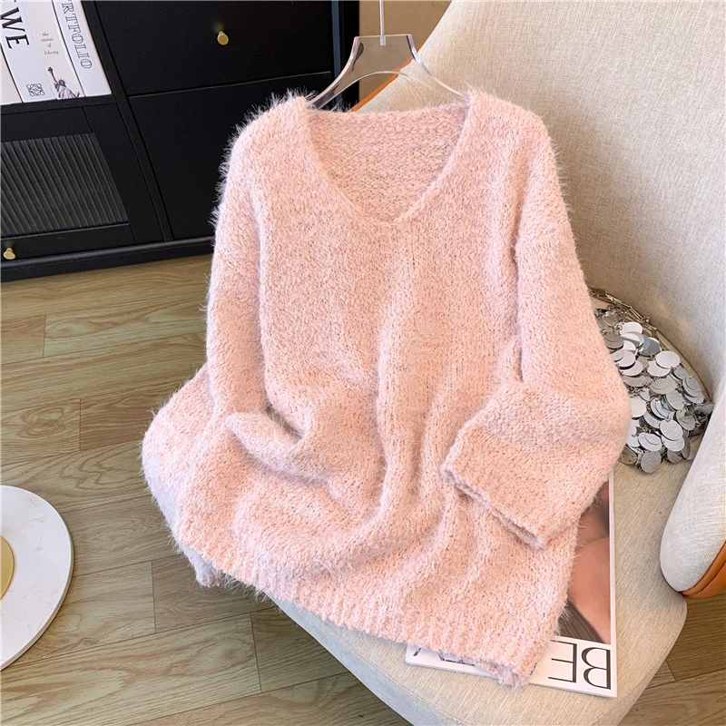 韩版慵懒风温柔软糯马海毛毛衣女秋冬内搭宽松V领长袖针织衫上衣
