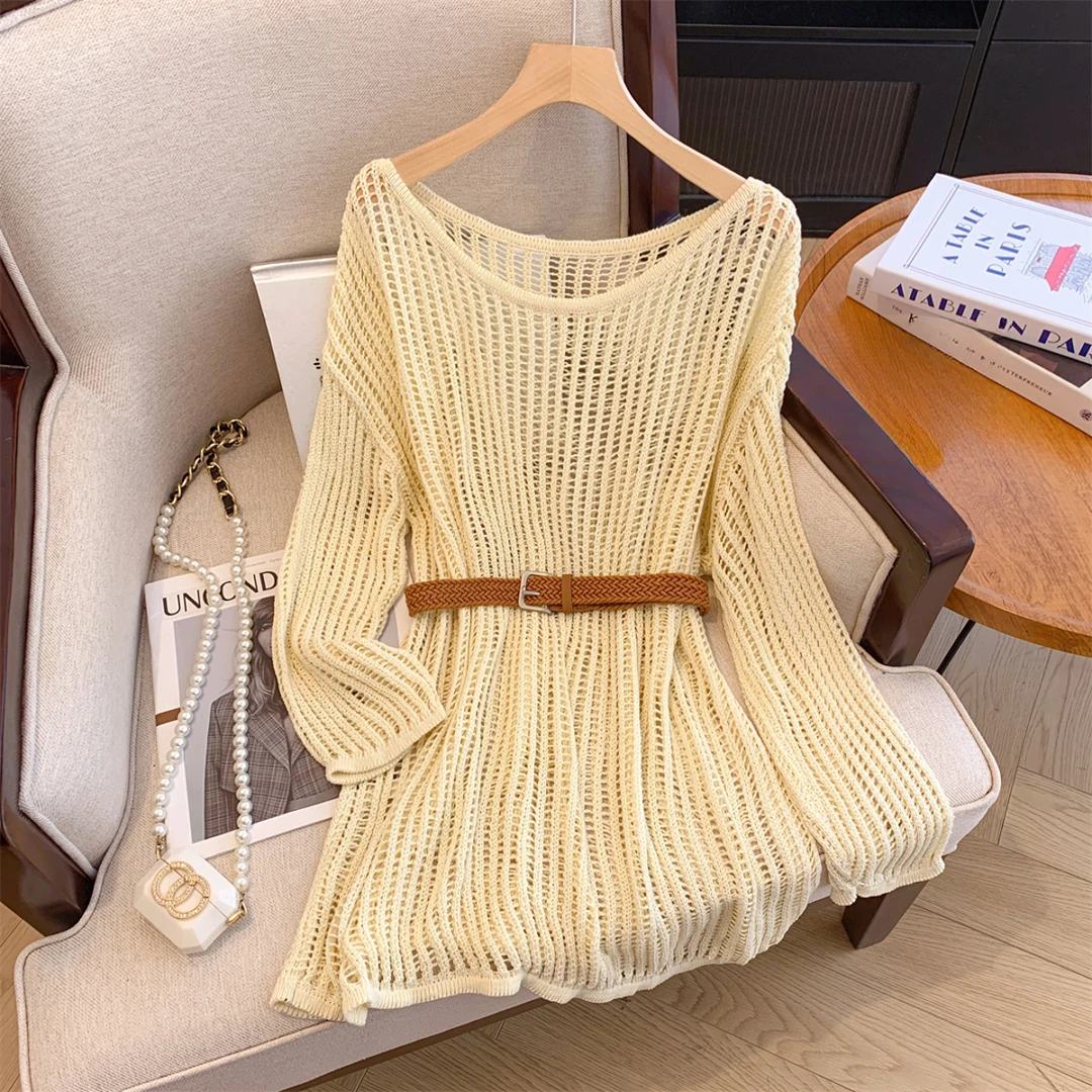 初秋辣妹慵懒风气质宽松显瘦长袖针织衫镂空薄款罩衫+配皮带女装