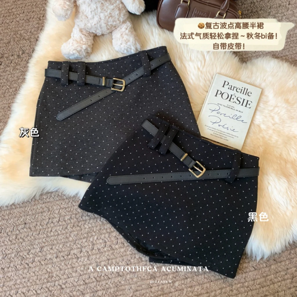 韩系毛呢波点小个子半身裙女秋冬季高腰显瘦设计款防走光黄色毛衣