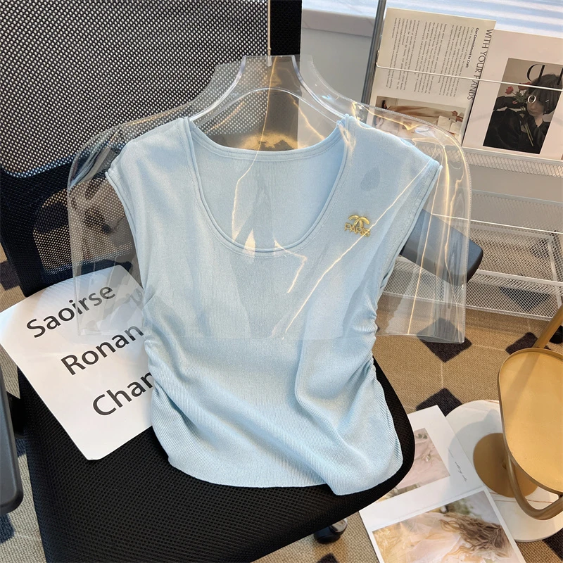 甜美纯色U领修身型短袖t恤女装针织弧线显瘦纯欲风夏季上衣春款