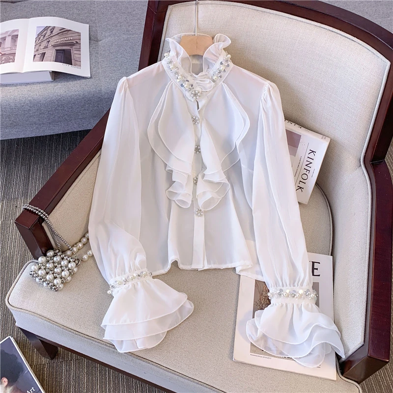 新款荷叶边上衣女轻奢高级感长袖法式宫廷风木耳边重工镶钻衬衫